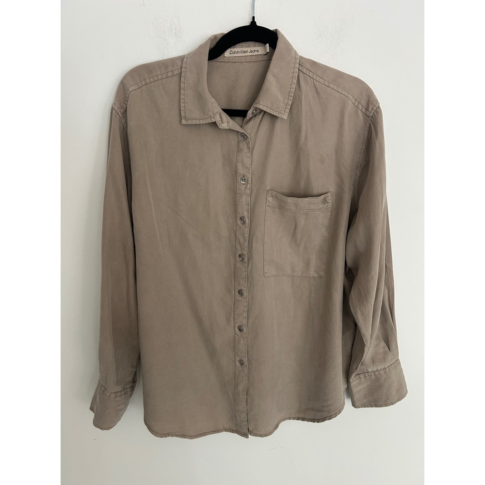 Calvin Klein Jeans Womens Lyocell Button Down Shirt Taupe Tan Long Sleeve Small